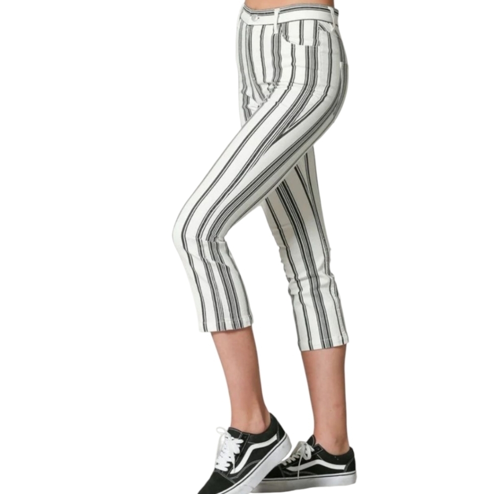 Blank Paige Striped Cropped Cream/Black Cotton Casual Boho Stretchy Pants Sz M - Picture 3 of 9